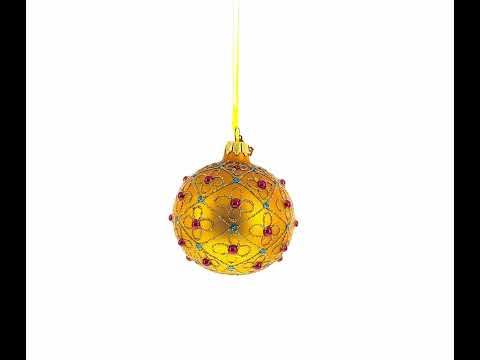 Jeweled Crosses on Gold Blown Glass Ball Christmas Ornament 3.25 Inches