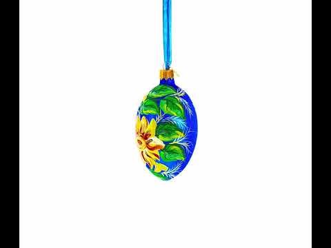 Sunflowers on Blue Glass Egg Ornament 4 Inches