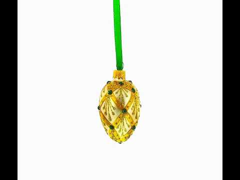 Beige & Emerald Jewel Accented Mini Glass Egg Ornament 2.9 Inches