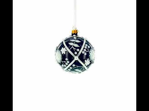 Pearl-Encrusted White Floral Design on Black Glass Ball Christmas Ornament 4 Inches