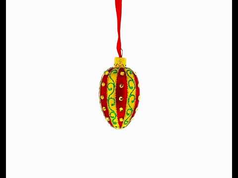 Red and Gold with Green Swirls and Jewel Accents Mini Glass Egg Ornament 2.9 Inches