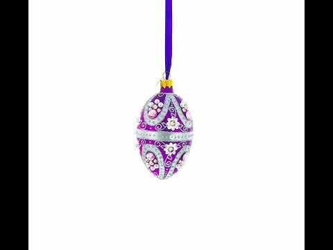 Purple Elegance with Pearls and Floral Accents Glass Egg Ornament 4 Inches