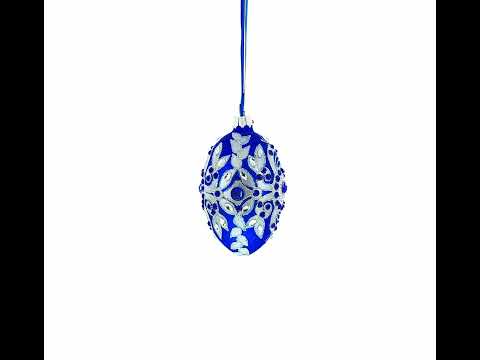 Silver on Blue Glass Egg Christmas Ornament 4 Inches