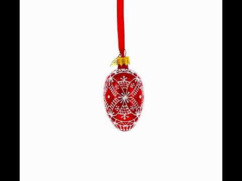 Red with White Glitter Snowflake Lace Design Mini Glass Egg Ornament 2.9 Inches