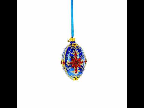 Sapphire with Red Floral Gemstone Embellishments Glass Egg Ornament