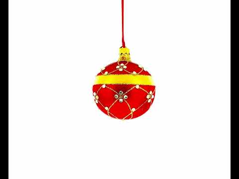 Diamond Trellis Pattern on Rich Ruby Red Hand-Painted Blown Glass Ball Christmas Ornament 3.25 Inches