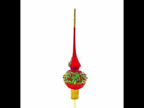 Red Pearls and Poinsettia Flowers on Glossy Red Blown Glass Christmas Tree Topper 11 Inches