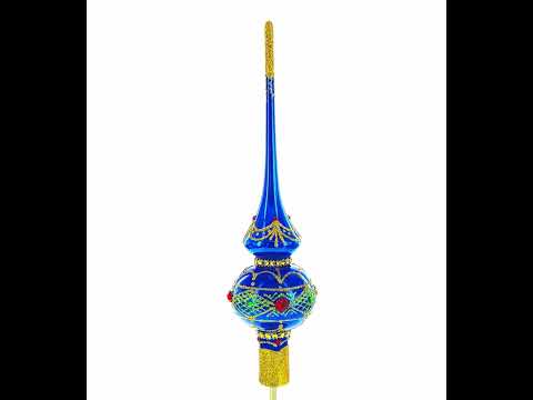 Blue and Gold with Ornate Glitter Geometrical Blown Glass Christmas Tree Topper 11 Inches