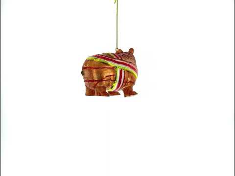 Playful Hippo with Gift - Blown Glass Christmas Ornament