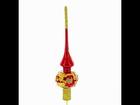 Luxurious Crimson Red with Golden Glitter Glass Christmas Tree Topper