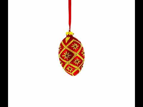 Gold Stars on Red Glass Egg Ornament 4 Inches