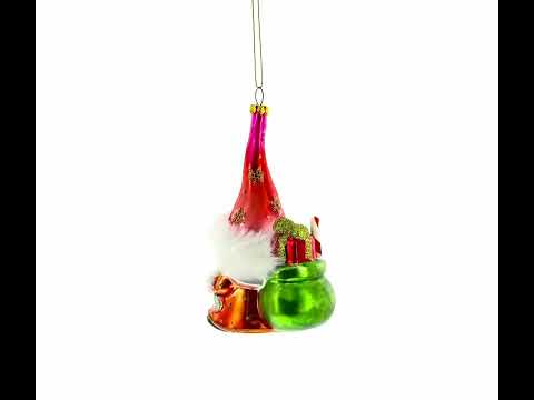 Gnome Carrying Gifts Blown Glass Christmas Ornament