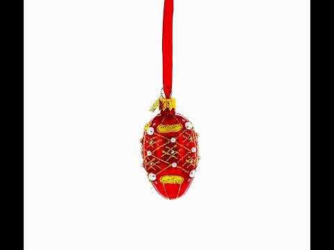 Red with Gold Glitter, Pearl Accents, and Floral Design Mini Glass Egg Ornament 2.9 Inches