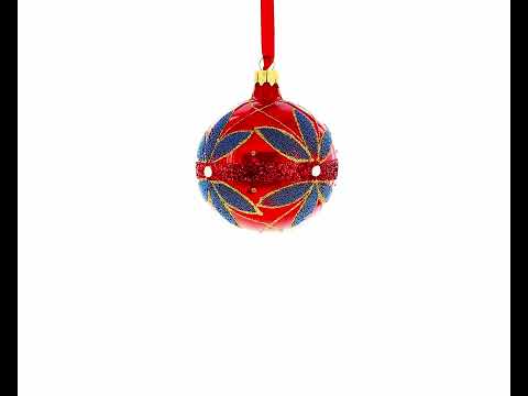 Blue Flowers on Red Blown Glass Ball Christmas Ornament 3.25 Inches