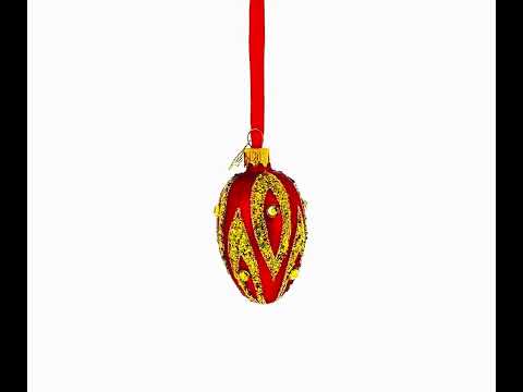 Red with Gold and Green Glitter Flame Design Mini Glass Egg Ornament 2.9 Inches