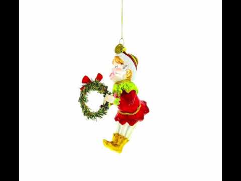 Merry Elf with Wreath Blown Glass Christmas Ornament