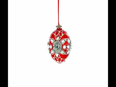 Diamond Star on Red Glass Egg Christmas Ornament 4 Inches