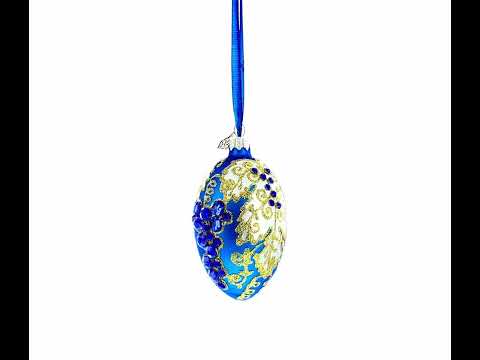 Blue Grapes on White Glass Egg Ornament 4 Inches