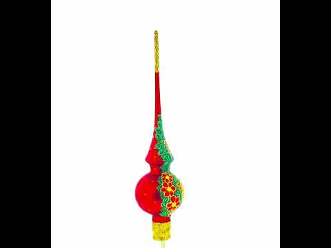 Snow Covered Winter Village on Red Mouth Blown Glass Christmas Tree Topper 11 Inches