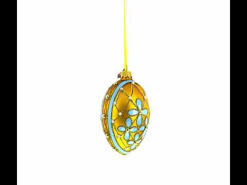 Blue Flowers on Gold Glass Egg Ornament 4 Inches