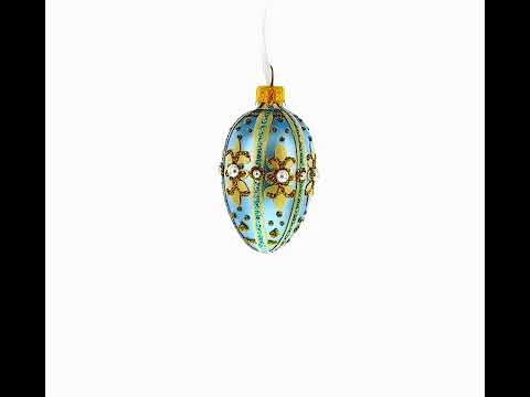 Powder Blue with Gold Glitter and Pearl Accents Mini Glass Egg Ornament 2.9 Inches