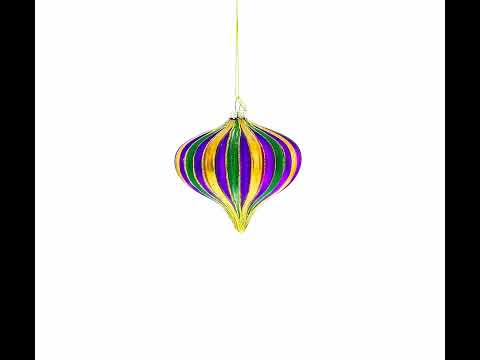 Striped  Purple, Green, and Gold Onion Finial Glass Christmas Ornament