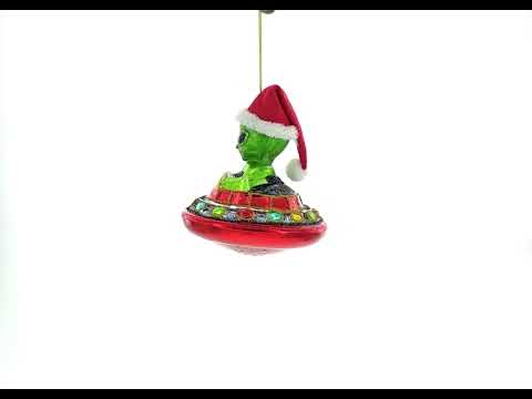 Santa Alien Piloting a Saucer UFO Glass Christmas Ornament