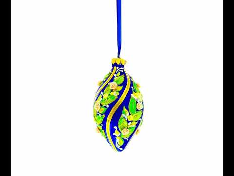 Swirl Roses on Blue Glass Rhombus Christmas Ornament