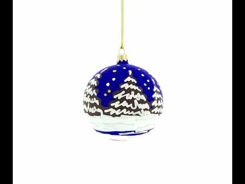 Bear Skiing with Snowman and USA Flag Blown Glass Ball Christmas Ornament 4 Inches