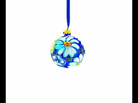 Daisy Flowers on Blue Blown Glass Ball Christmas Ornament 3.25 Inches