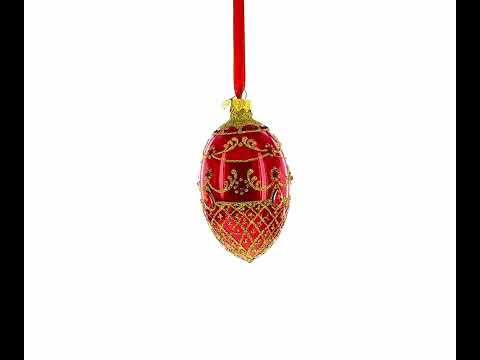 Red Jewels on Glossy Red Glass Egg Ornament 4 Inches