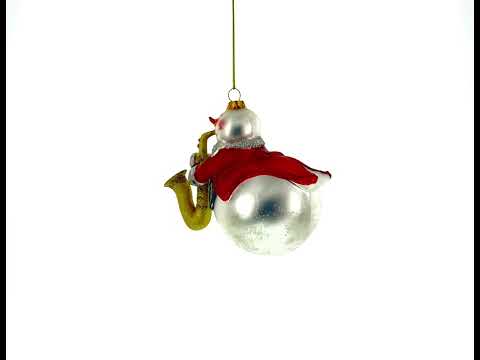 Jazzy Snowman Playing Saxophone Glass Christmas Ornament