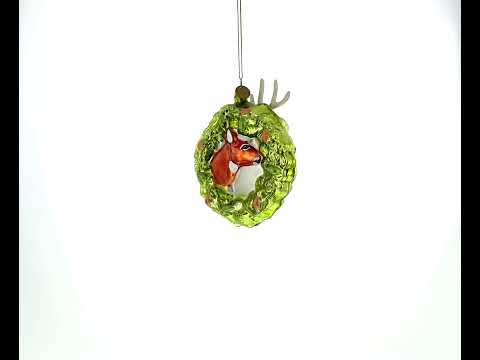 Festive Reindeer Wreath Blown Glass Christmas Ornament