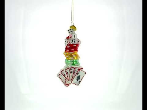 Casino Poker Chips and Cards Blown Glass Christmas Ornament