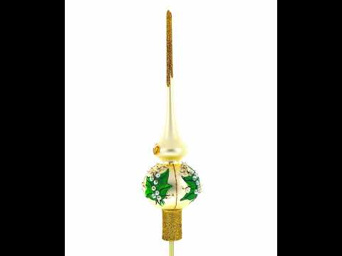 Lily of the Valley Flowers on Beige Mouth Blown Glass Christmas Tree Topper 11 Inches