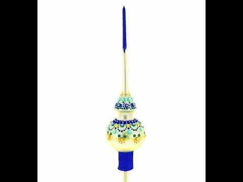 Chic Iridescent Pearl with Blue Embellishments Glass Christmas Tree Topper 11 Inches