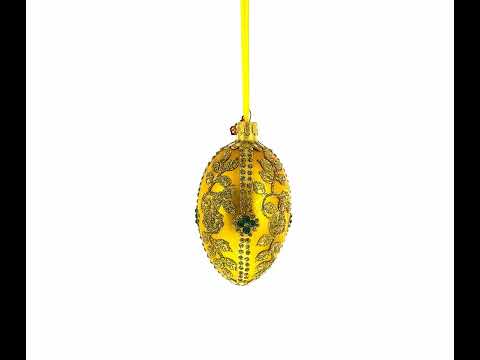 Glittered Golden Leaves Orange Glass Egg Ornament 4 Inches