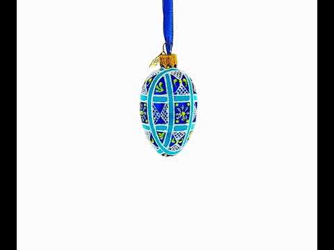 Cobalt Blue and White Geometric Floral Mini Glass Egg Ornament 2.9 Inches