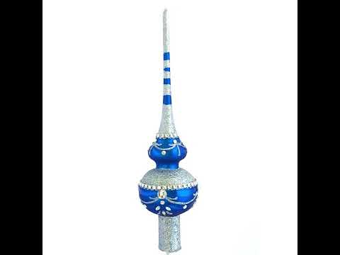 Dimensional White Jewels and Silver on Blue Blown Glass Christmas Tree Topper 11 Inches