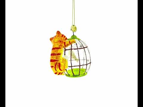 Cat Perched on Bird Cage Blown Glass Christmas Ornament