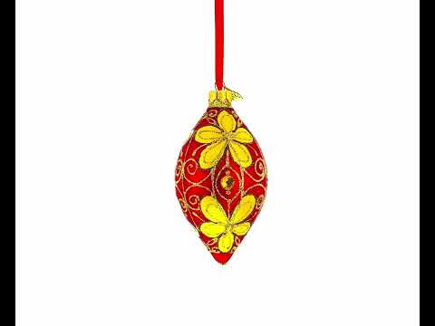 Golden Flowers Pointed Teardrop Finial Glass Christmas Ornament