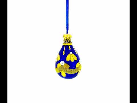 Gold Pattern on Blue Waterdrop Finial Glass Christmas Ornament