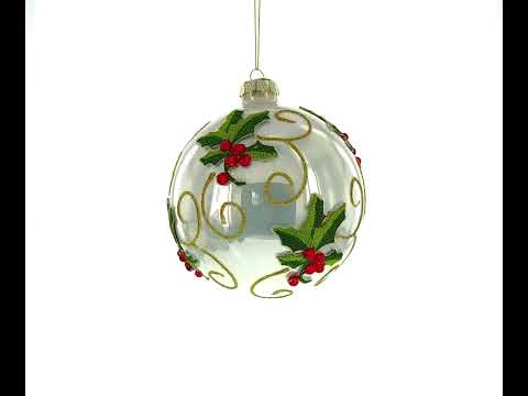 Embroidered Poinsettia Blown Glass Ball Christmas Ornament