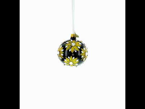 Golden Glitter Sunflower with Crystal Embellishments Glass Ball Christmas Ornament 3.25 Inches