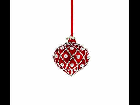 Pearls on Red Icat Glass Onion Finial Christmas Ornament