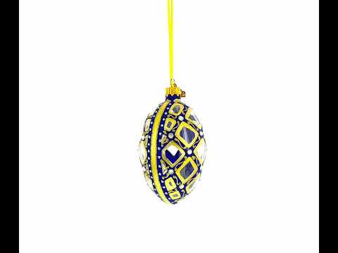 Mosaic Pattern on Blue Glass Egg Ornament 4 Inches