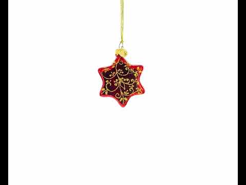 Glossy Red Hexagon with Golden Pattern Mini Glass Christmas Ornament