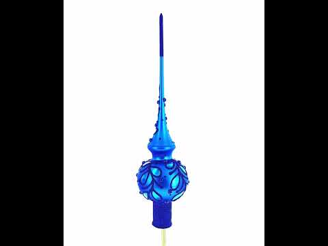 Dimensional Blue Jewels Scroll on Blue Mouth Blown Glass Christmas Tree Topper 11 Inches