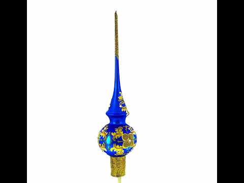 Jeweled Golden Leaves on Blue Blown Glass Christmas Tree Topper 11 Inches