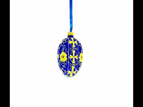 Blue with Yellow Floral Design Glass Egg Ornament 4 Inches